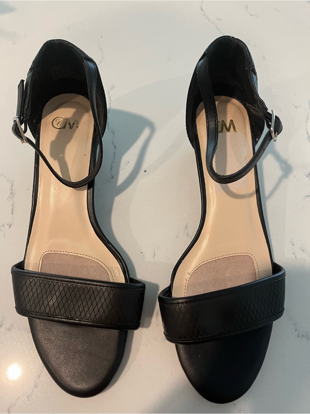 Women's Black Ankle-Strap Heels with Textured Front Band